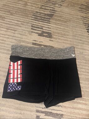 PINK Victoria's Secret Black Bike Shorts with Gray Waistband and Flag Accent